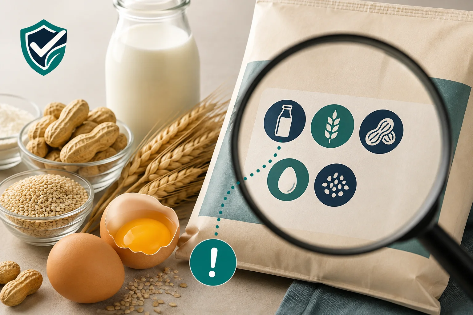 Ingredienti allergenici e simboli sulla confezione osservati attraverso una lente di ingrandimento