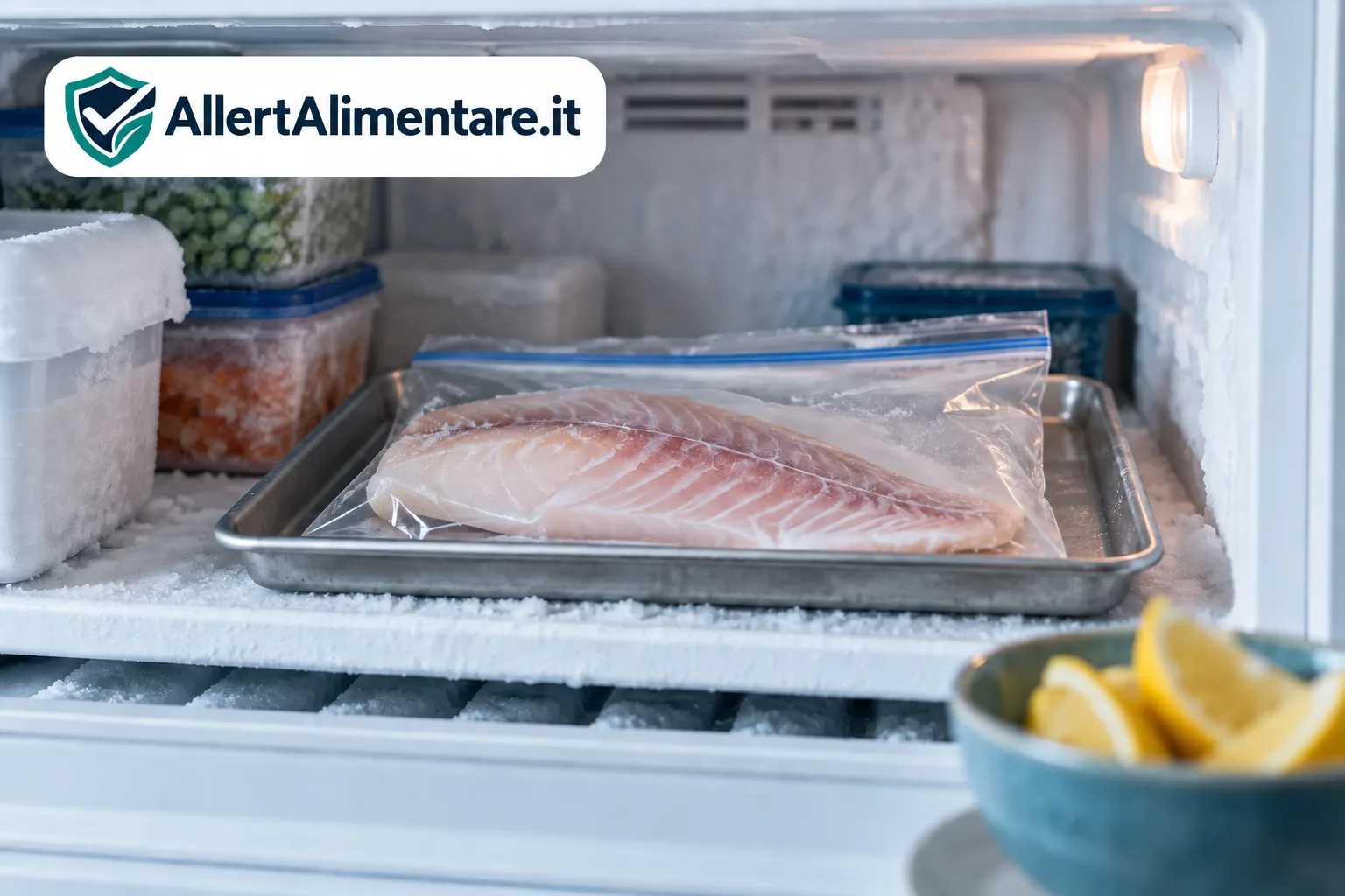Illustrazione di un filetto di pesce protetto in un sacchetto alimentare dentro un congelatore domestico
