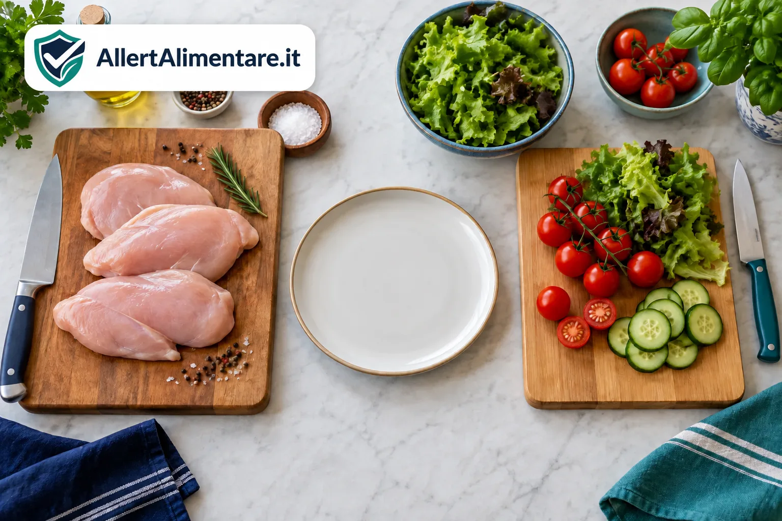 Illustrazione di taglieri e coltelli separati per pollo crudo e verdure pronte da consumare
