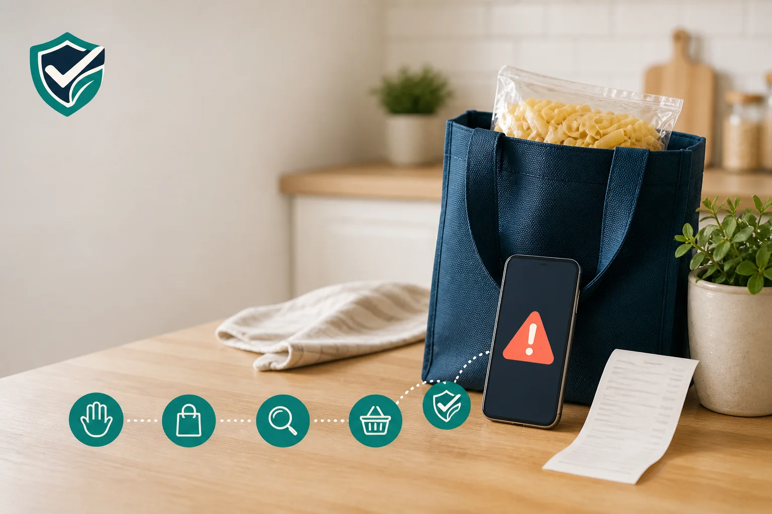 Prodotto alimentare separato in una borsa accanto a smartphone e scontrino