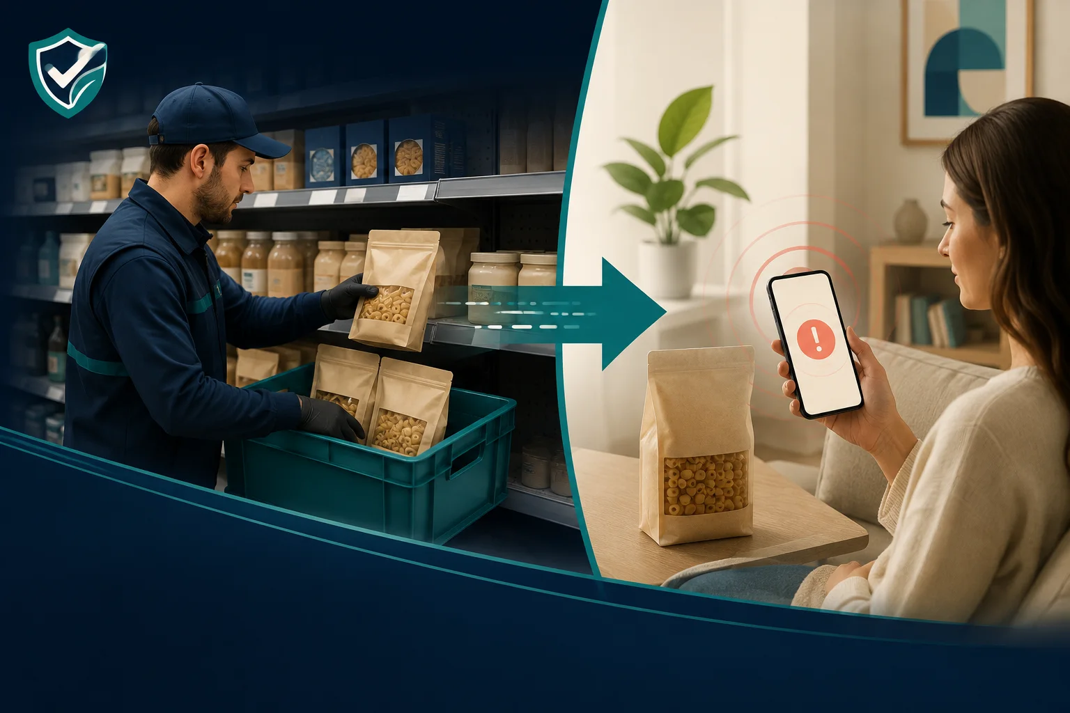 Prodotti rimossi da uno scaffale e consumatrice che riceve un avviso sul telefono