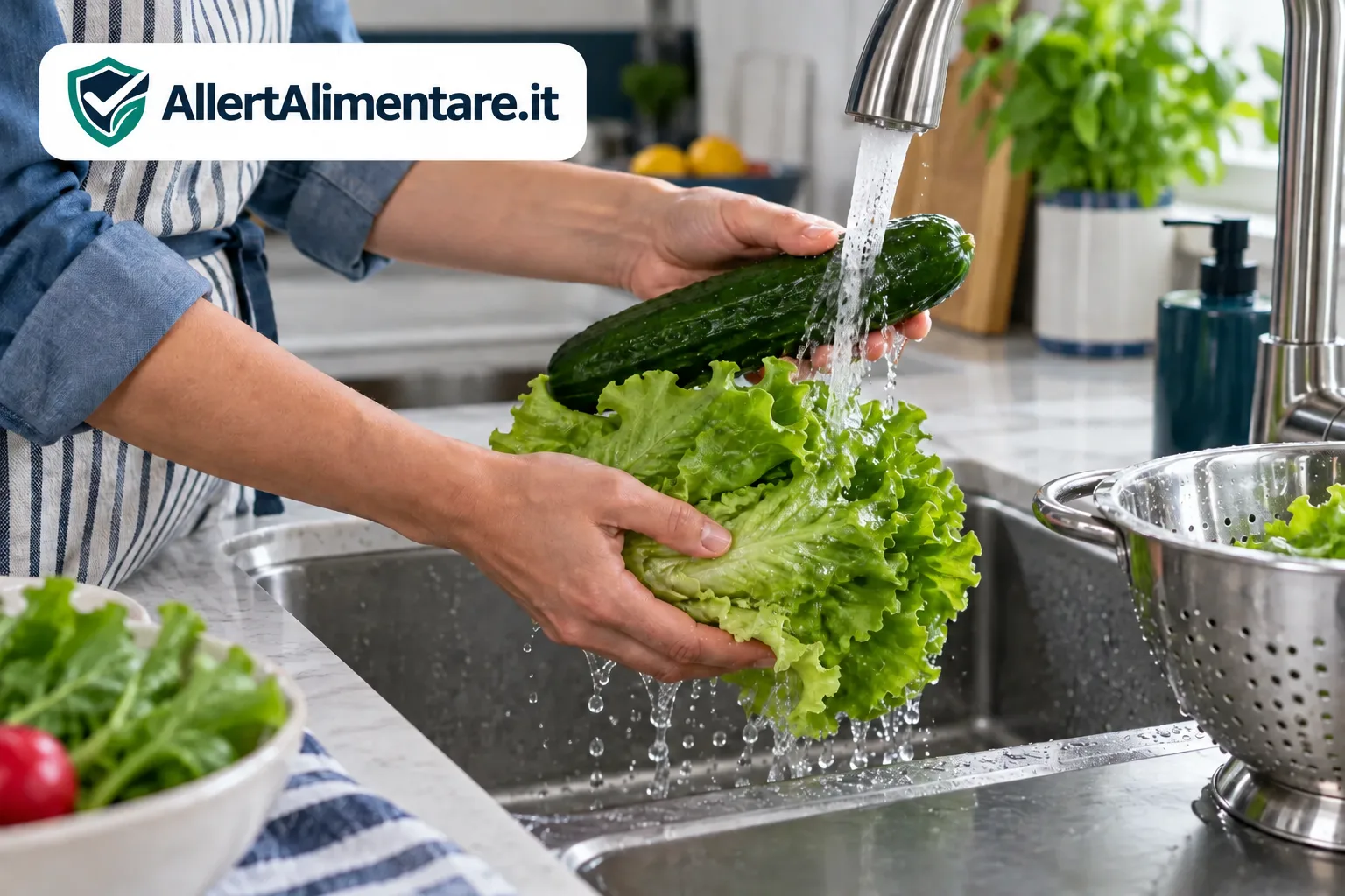 Illustrazione del lavaggio di lattuga e cetriolo sotto acqua corrente in cucina