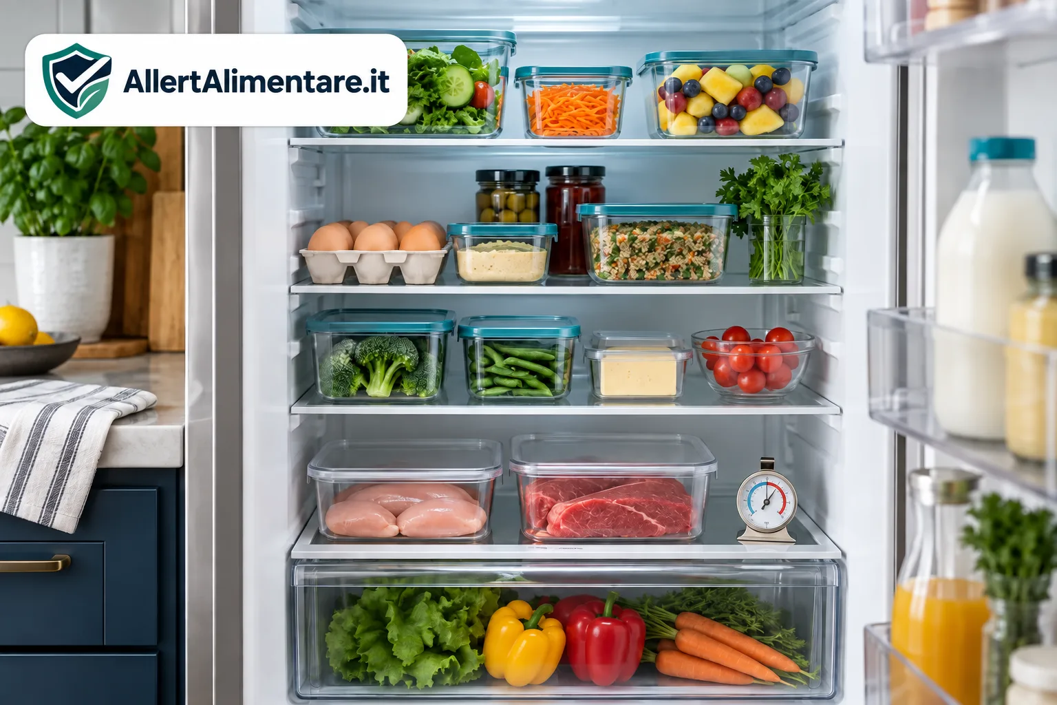 Illustrazione di un frigorifero organizzato con alimenti separati e carne cruda in contenitori chiusi sul ripiano inferiore