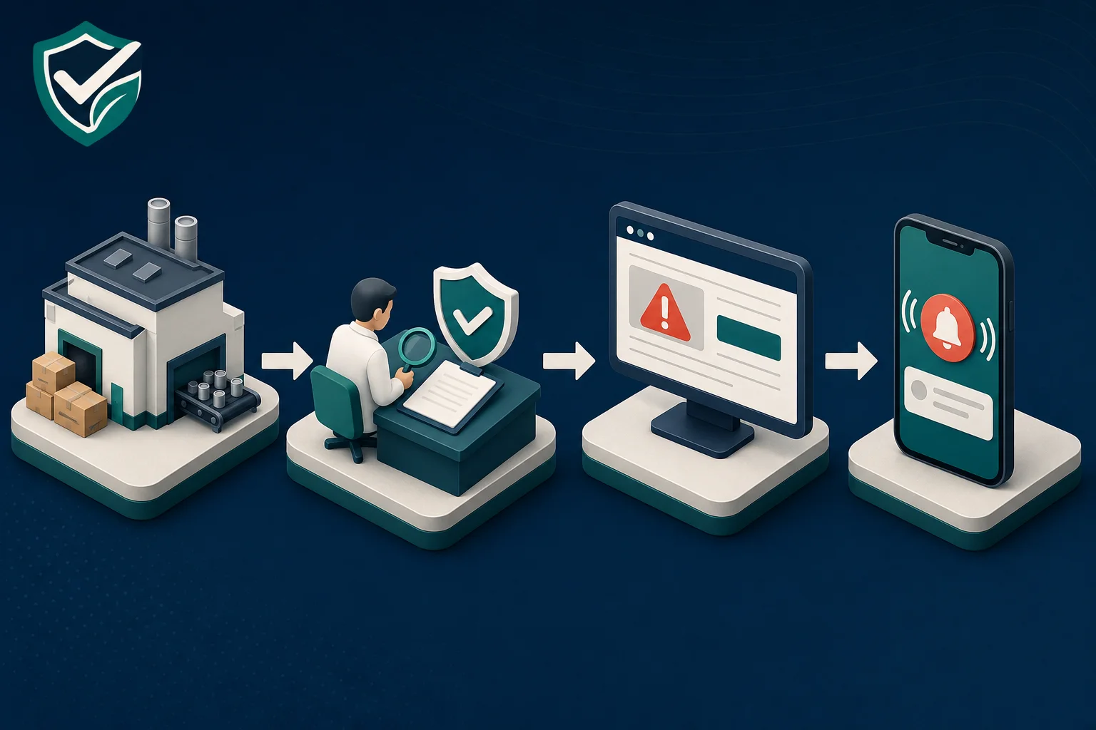 Flusso illustrato dal produttore alla verifica, pubblicazione online e avviso al consumatore
