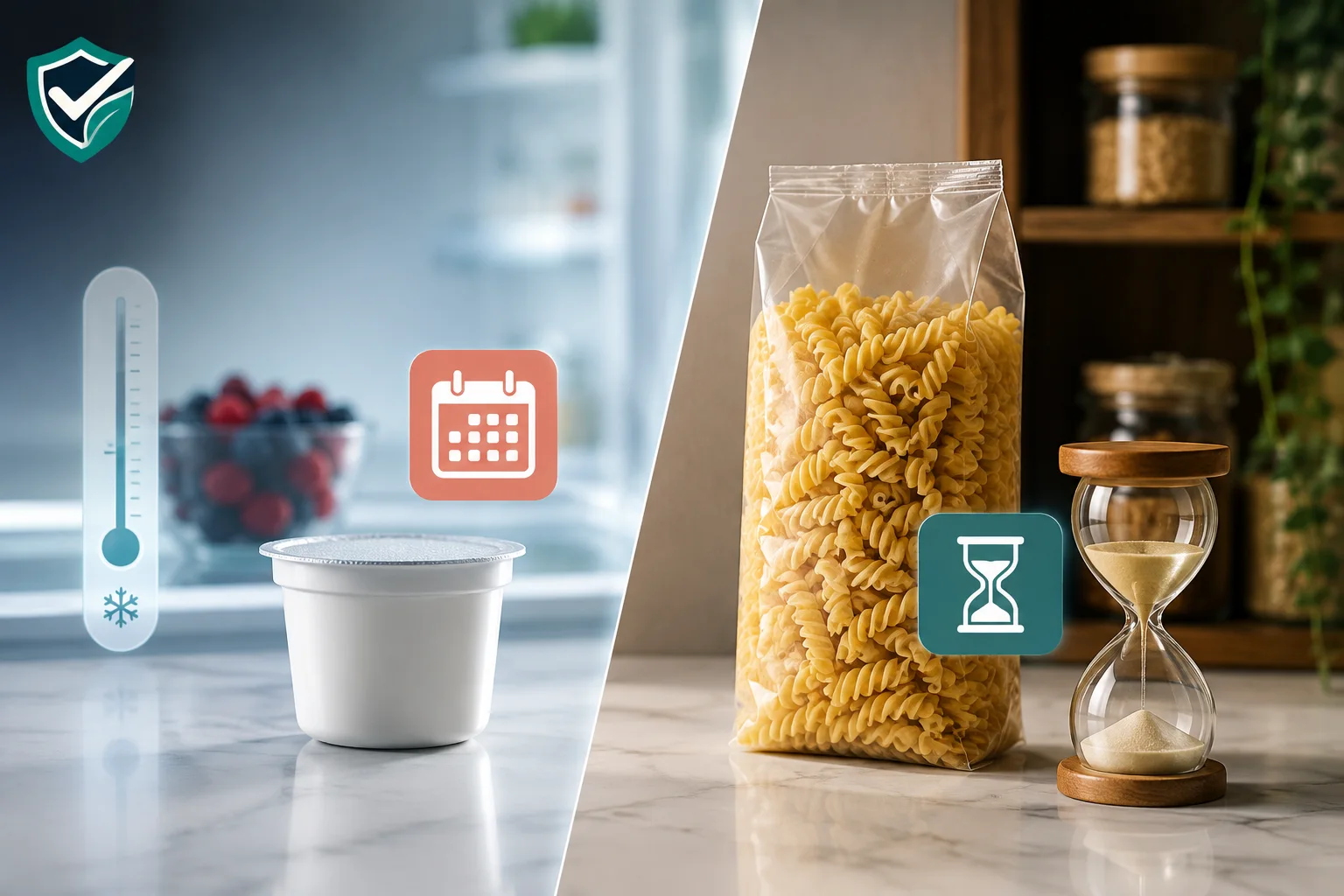 Confronto tra alimento refrigerato con calendario e alimento da dispensa con clessidra