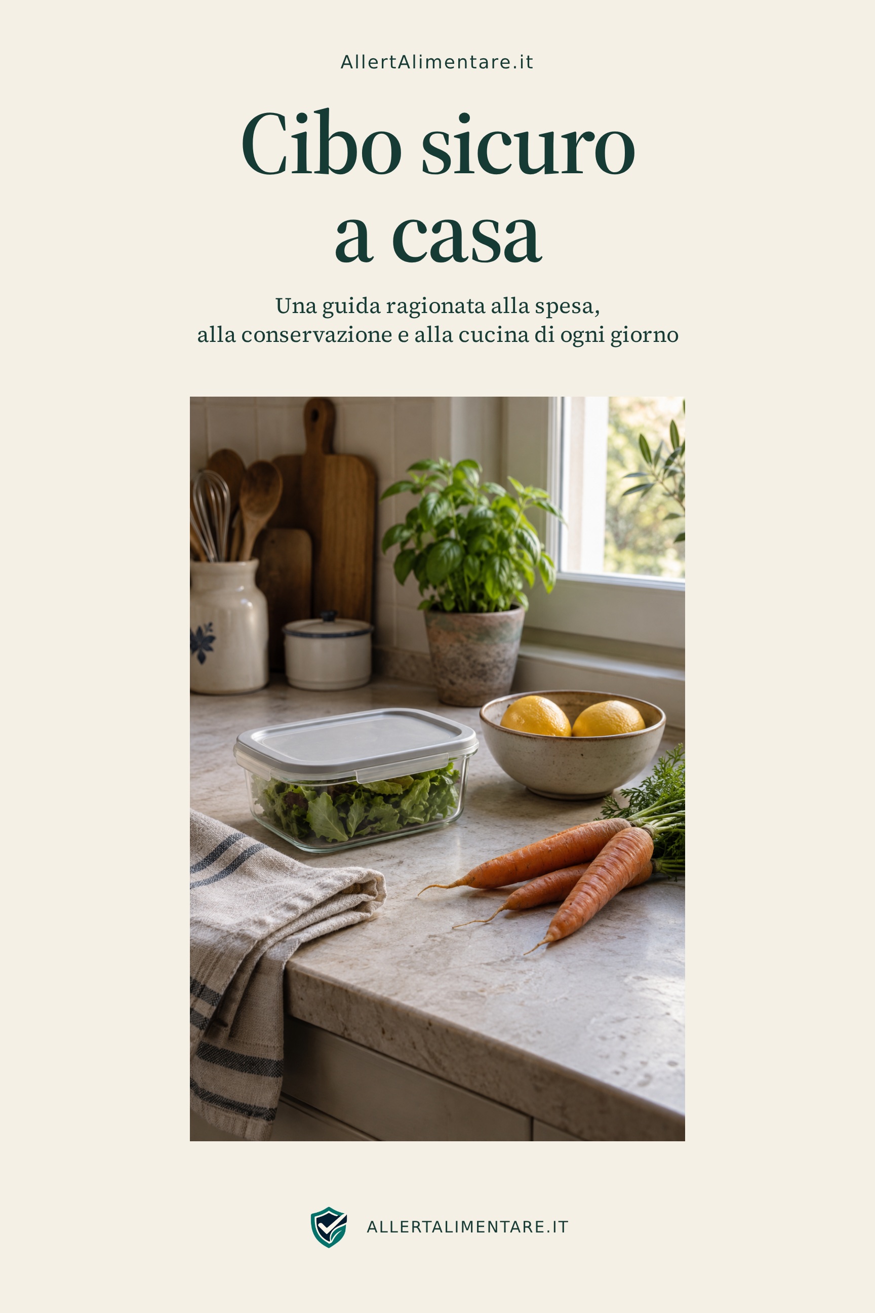 Cibo sicuro a casa: copertina con una cucina, un contenitore per alimenti e verdure fresche. AllertAlimentare.it.