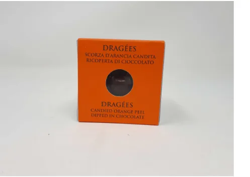 Confezione di DRAGEES ARANCIA CANDITA RICOPERTA DI CIOCCOLATO FONDENTE