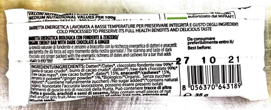 Immagine del prodotto TONICA - BARRETTA ENERGETICA FONDENTE & ZENZERO