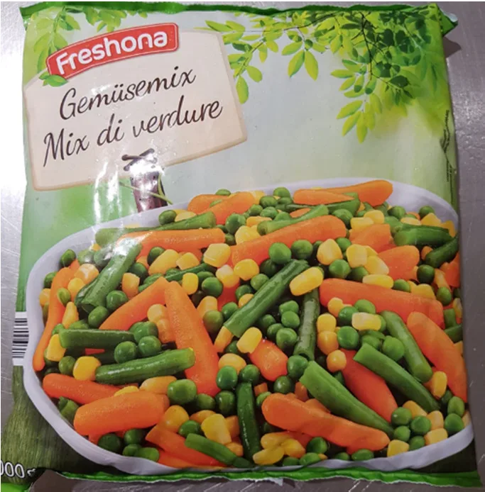 Confezione di MIX DI VERDURE SURGELATE A BASE DI CAROTE, FAGIOLINI, PISELLI, MAIS.