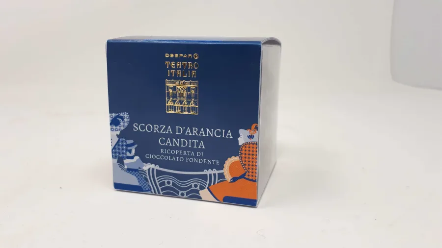 Confezione di SCORZA D'ARANCIA CANDITA RICOPERTA DI CIOCCOLATO FONDENTE