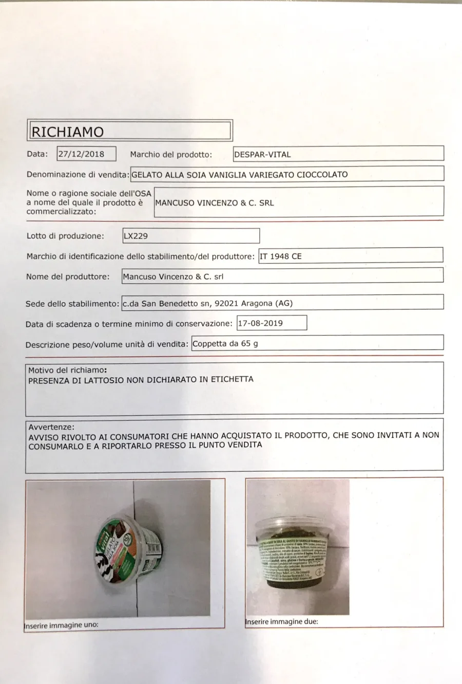 Confezione di Gelato alla soia vaniglia variegato al cioccolato