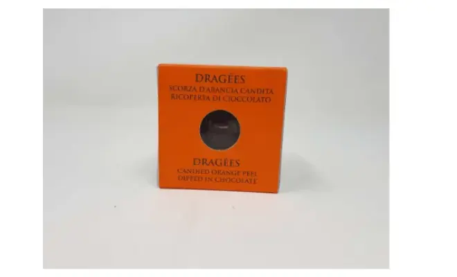 Confezione di DRAGEES ARANCIA CANDITA RICOPERTA DI CIOCCOLATO FONDENTE