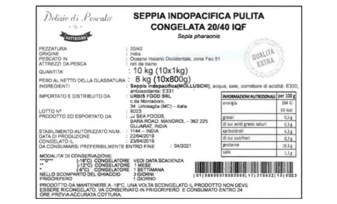 Confezione di seppia indopacifica pulita congelata 20/40 IQF