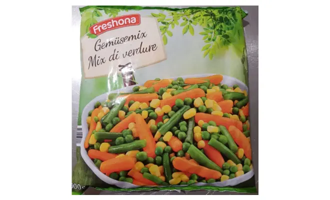 Confezione di MIX DI VERDURE SURGELATE A BASE DI CAROTE, FAGIOLINI, PISELLI, MAIS.