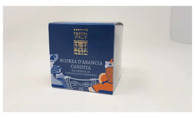 Confezione di SCORZA D'ARANCIA CANDITA RICOPERTA DI CIOCCOLATO FONDENTE
