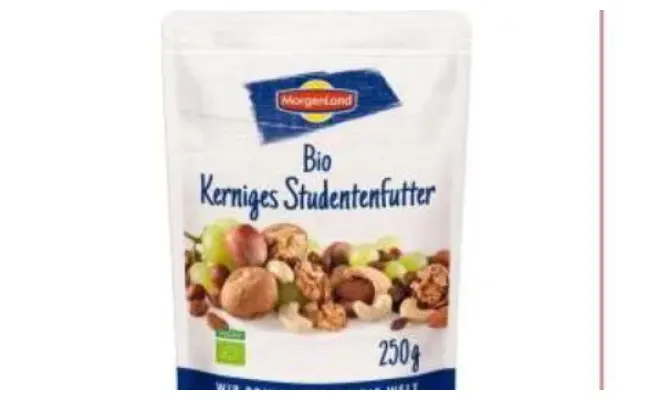 Confezione di MorgenLand Bio Kerniges Studentenfutter 250g / Morgen Land Bio Misto di noci e frutta secca 250g